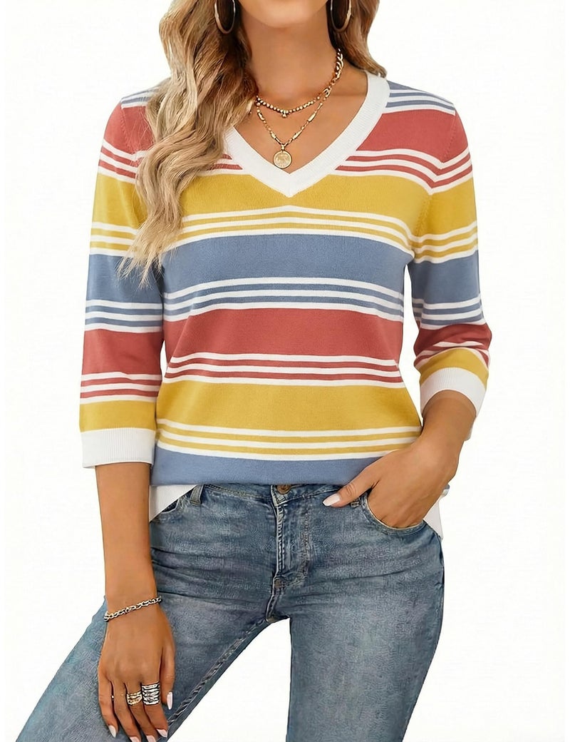 LUYAA Spring Tops for Women - V-Neck 3/4 Sleeve Sweaters - Light Basic Soft Knit Shirts M - Image 1
