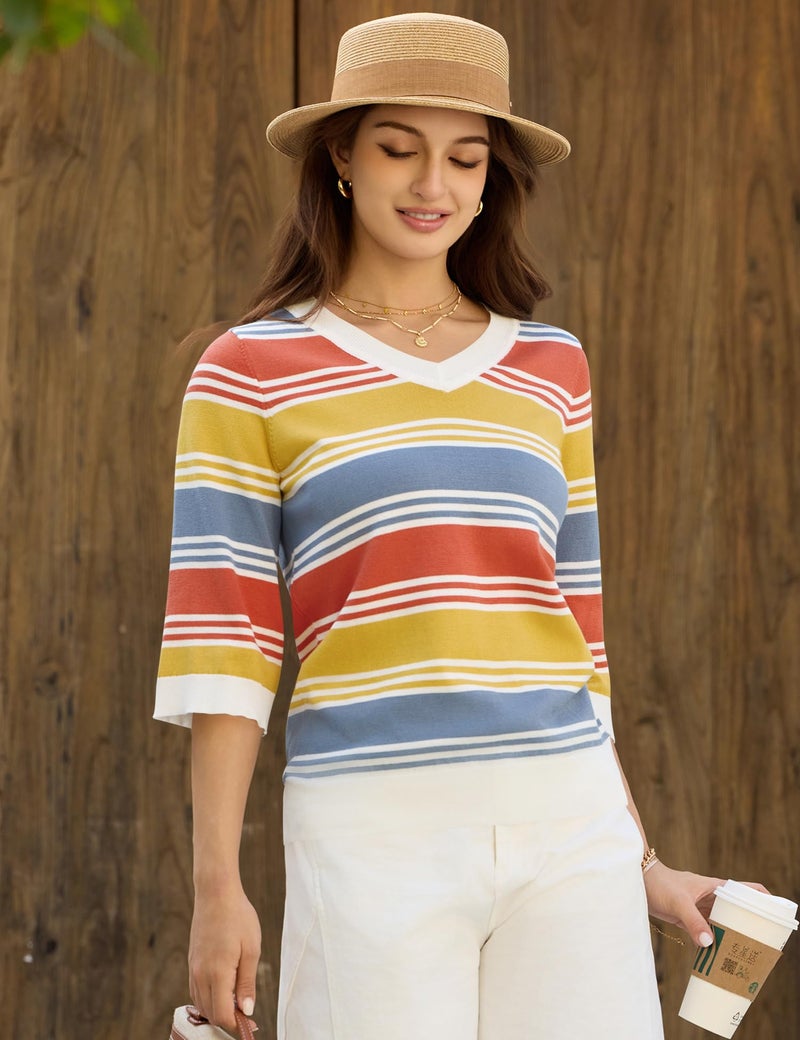 LUYAA Spring Tops for Women - V-Neck 3/4 Sleeve Sweaters - Light Basic Soft Knit Shirts M - Image 5