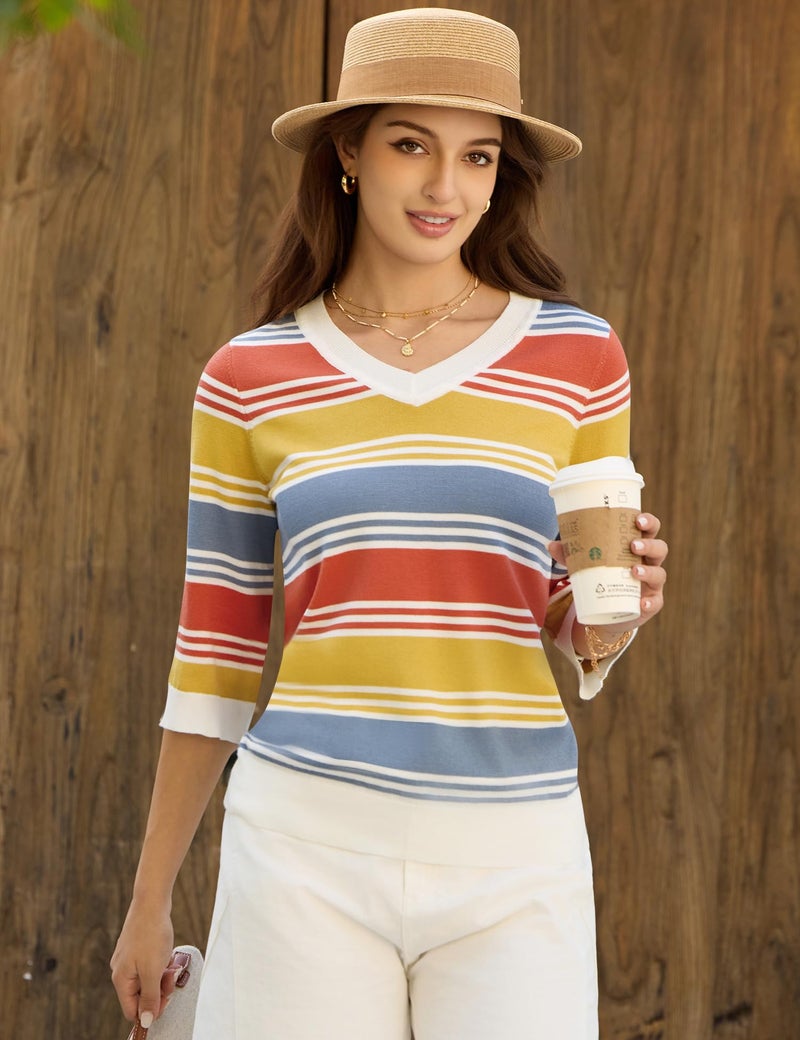 LUYAA Spring Tops for Women - V-Neck 3/4 Sleeve Sweaters - Light Basic Soft Knit Shirts M - Image 3