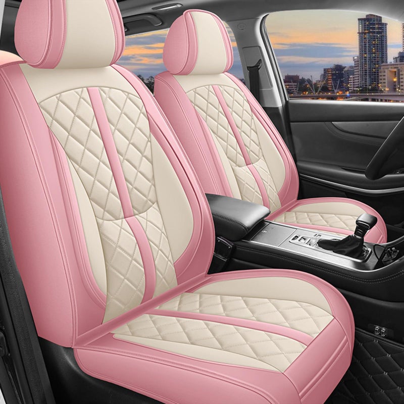 otoez Pink Car Seat Covers Full Set Universal Leather Seat Cover 5 Seat Waterproof  Breathable Automotive Seat Protector Full Coverage for Cars Sedens Trucks SUVs Vans Pink  White