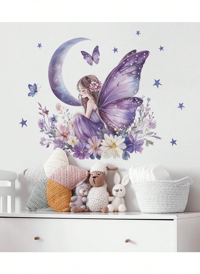BYTE SHOP Butterfly Fairy Moon Wall Sticker, Purple Floral Girl with Stars Decal for Kids Bedroom Decor - Image 3