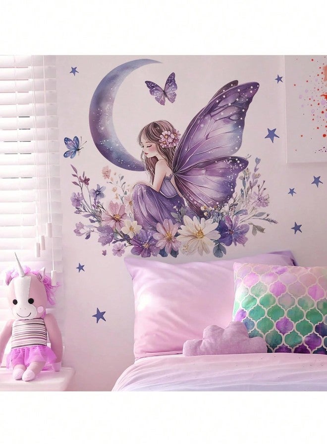 BYTE SHOP Butterfly Fairy Moon Wall Sticker, Purple Floral Girl with Stars Decal for Kids Bedroom Decor - Image 1