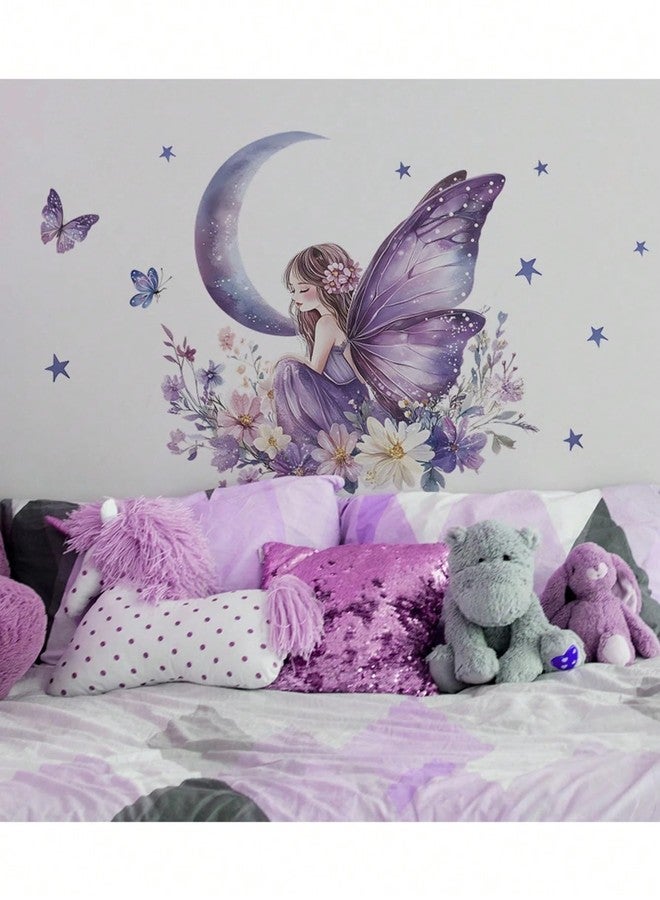 BYTE SHOP Butterfly Fairy Moon Wall Sticker, Purple Floral Girl with Stars Decal for Kids Bedroom Decor - Image 2