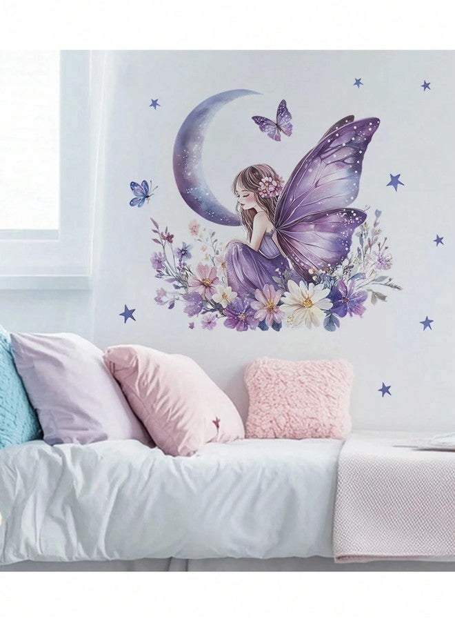 BYTE SHOP Butterfly Fairy Moon Wall Sticker, Purple Floral Girl with Stars Decal for Kids Bedroom Decor - Image 4