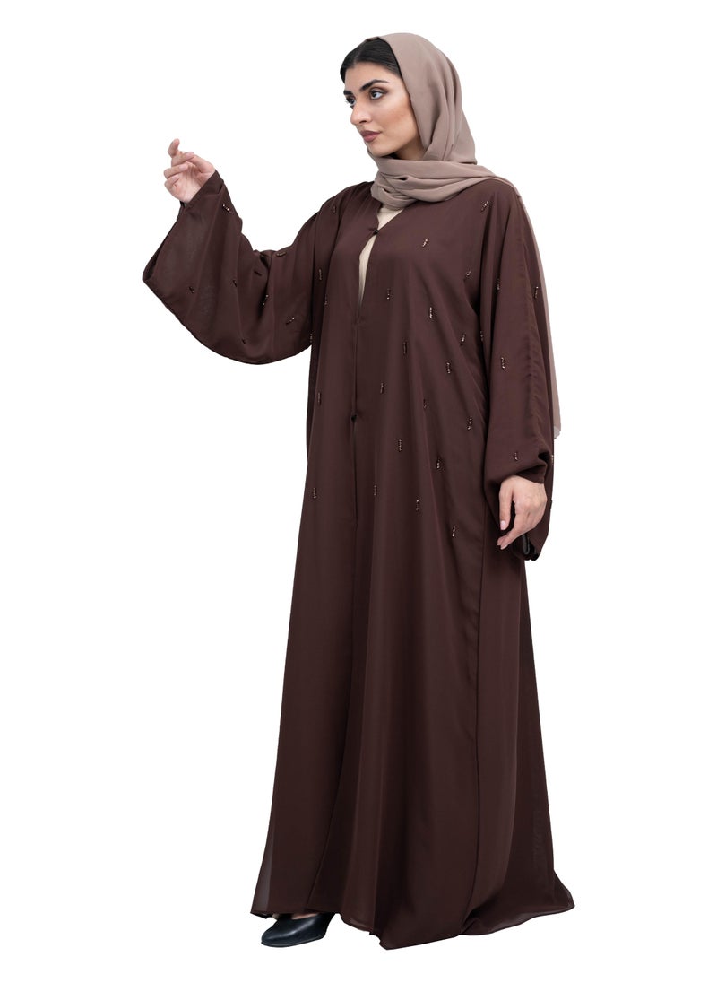 NUKHBAA Chic Coffee Brown Double Chiffon Abaya with Beadwork and Matching Hijab-625  - Image 1