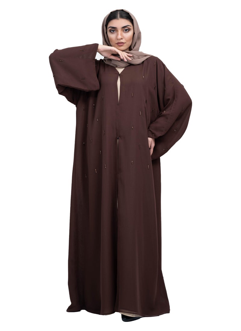 NUKHBAA Chic Coffee Brown Double Chiffon Abaya with Beadwork and Matching Hijab-625  - Image 4