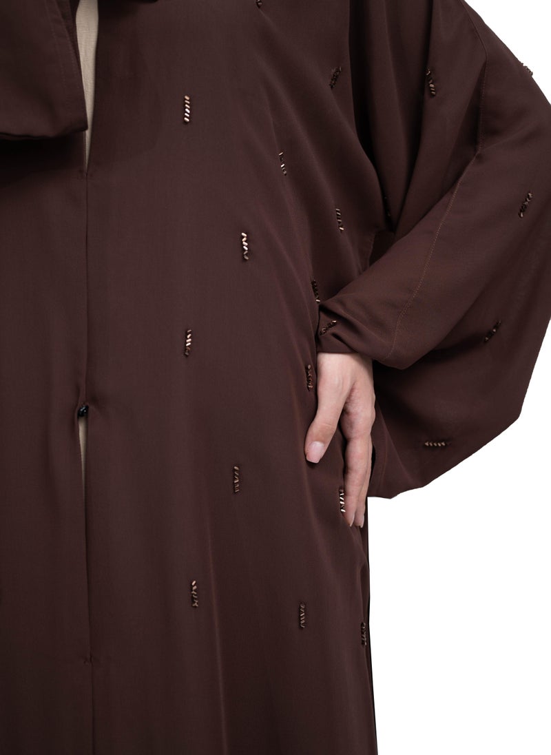 NUKHBAA Chic Coffee Brown Double Chiffon Abaya with Beadwork and Matching Hijab-625  - Image 3