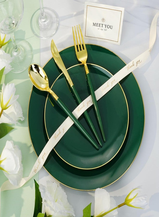 Bestluck 175PCS Green Plastic Dinnerware Set with Gold Rim, 50 Green and Gold Party Plates with 25 Plastic Cutlery, 25 Napkins and 25 Cups for Wedding, Party - Image 3