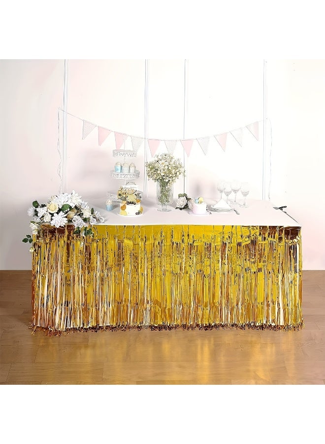 One 75x275cm gold-colored plastic table skirt, machine-made, suitable for dessert table decorations at weddings, birthdays, anniversaries, bachelor/bachelorette parties, etc.