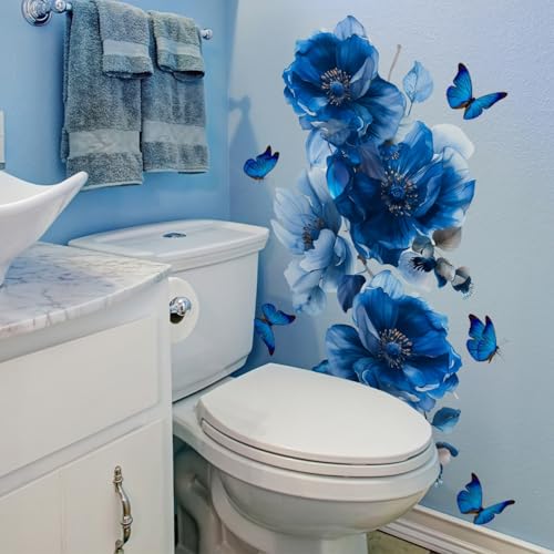SWORNA Blue Flower Wall Decals Peel and Stick Peony Floral Wall Sticker Decor Removable Peonies Bouquet Wall Murals with Butterflies for Girls Bedroom Living Room Bathroom Hallway Door Office Kids Nursery - Image 1