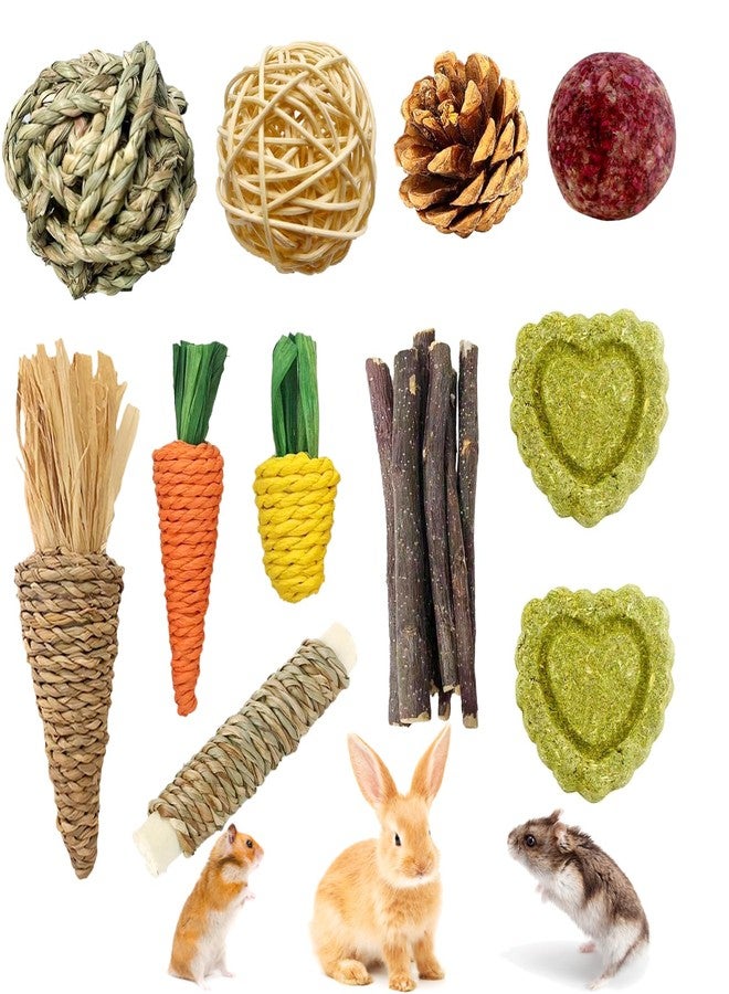 DEFKIYT Hamster Chew Toys, 11PCS Rabbit Molars Care Set Sweet Bamboo Water Grass Ball and Cake Apple Branch Treats for Chinchilla - Image 1