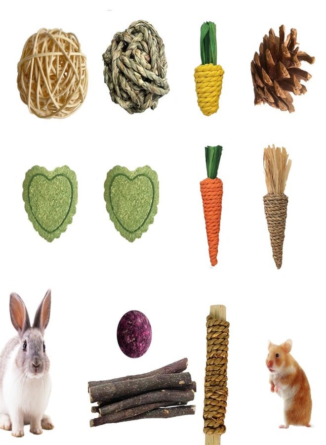 DEFKIYT Hamster Chew Toys, 11PCS Rabbit Molars Care Set Sweet Bamboo Water Grass Ball and Cake Apple Branch Treats for Chinchilla - Image 2