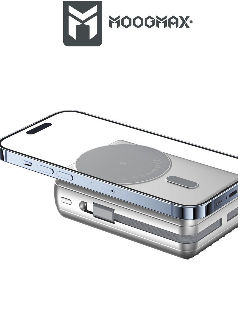 MOOGMAX 20000mAh Trunk series magnetic wireless power bank  22.5W super-charging, two built-in cables with 15W wireless charging, 3 external ports 1 Type-C and 1 Type-A, and a Lightning port. Silver  - Image 4