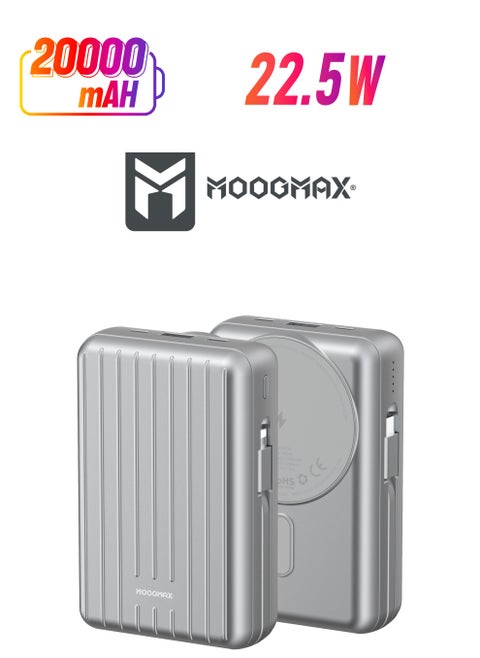 20000mAh Trunk series magnetic wireless power bank  22.5W super-charging, two built-in cables with 15W wireless charging, 3 external ports 1 Type-C and 1 Type-A, and a Lightning port. Silver