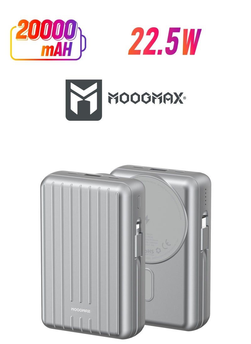 MOOGMAX 20000mAh Trunk series magnetic wireless power bank  22.5W super-charging, two built-in cables with 15W wireless charging, 3 external ports 1 Type-C and 1 Type-A, and a Lightning port. Silver  - Image 1