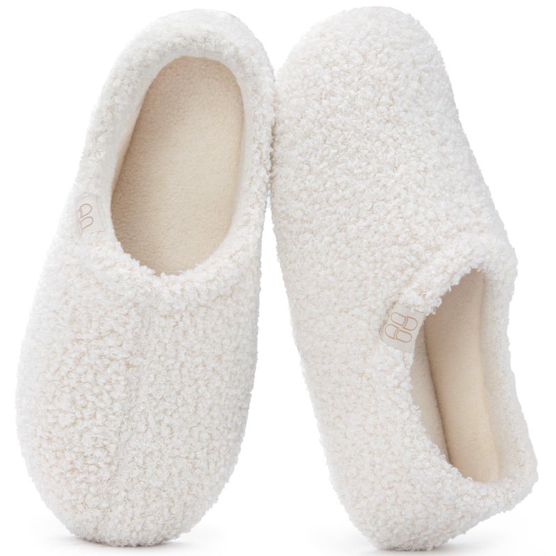 HomeTop Women's Fuzzy Curly Fur Memory Foam Loafer Slippers Bedroom House Shoes with Polar Fleece Lining (9-10, Cream White) - Image 1