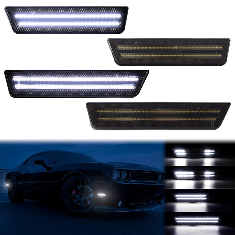 FetonAuto Dynamic White LED Side Marker Lights for Dodge Challenger 2008 2009 2010 2011 2012 2013 2014 Front Rear Bumper Maker Lamps 4PCS Smoked Lens