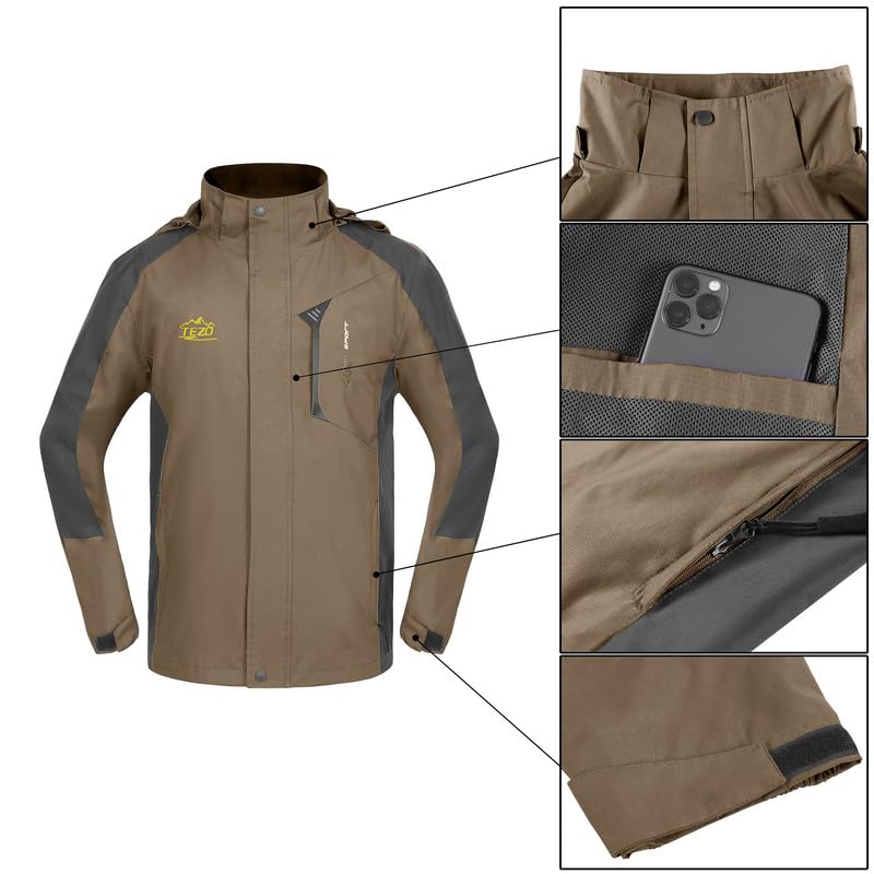 TEZO Mens Rain Jacket Waterproof with Hooded Hiking Coat Lightweight Windbreaker(CF/GY L) - Image 5