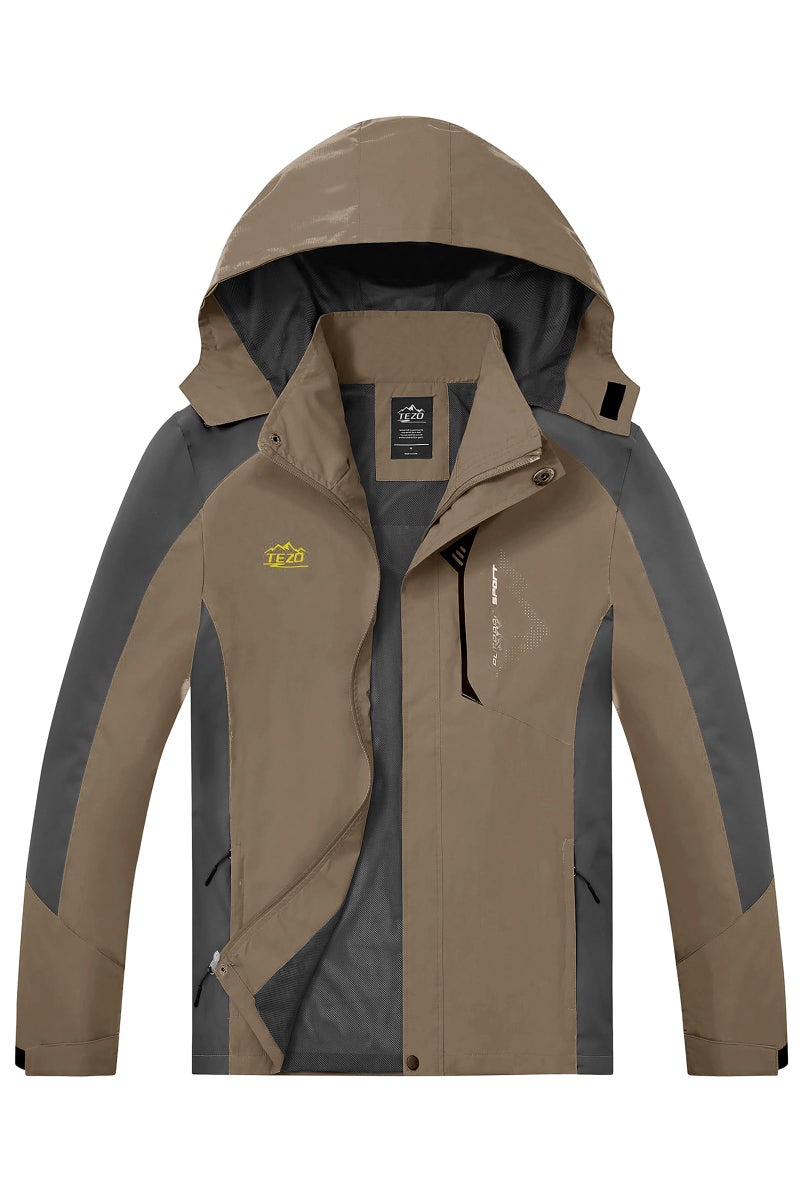 TEZO Mens Rain Jacket Waterproof with Hooded Hiking Coat Lightweight Windbreaker(CF/GY L) - Image 1