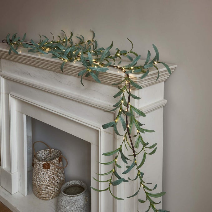 Lighted Olive Garland Battery Operated with Timer 96 Fairy Lights 6FT Artificial Greenery Twig Vine Lights for Christmas Spring Fireplace Mantle Decoration Indoor Outdoor
