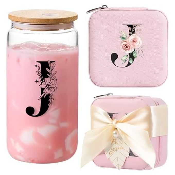 AYGXU Personalized gifts for bridesmaid,16oz glass cups with lid and straw,Jewelry Organizer,Graduation Travel Gifts for Women,Personalized Travel Mini Jewelry Case,Initial J pink - Image 1