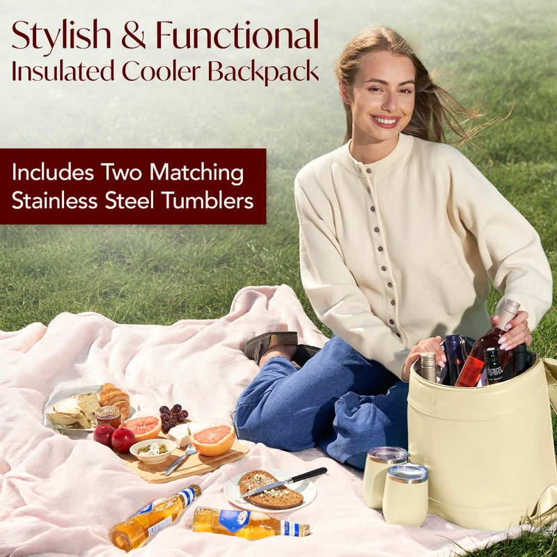 VIN FRESCO Insulated Cooler Backpack with 2 Stainless Steel Wine Tumblers â€“ Leakproof & Spillproof Stylish Vegan Leather Picnic Cooler Bag â€“ Lightweight & Portable â€“ Holds 24 Cans or 6 Wine Bottles (Beige) - Image 5