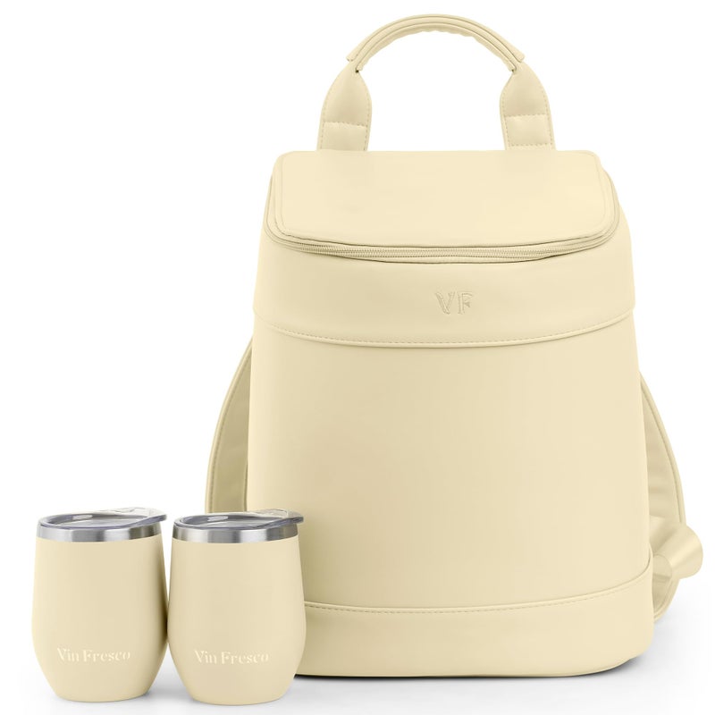 VIN FRESCO Insulated Cooler Backpack with 2 Stainless Steel Wine Tumblers â€“ Leakproof & Spillproof Stylish Vegan Leather Picnic Cooler Bag â€“ Lightweight & Portable â€“ Holds 24 Cans or 6 Wine Bottles (Beige) - Image 1