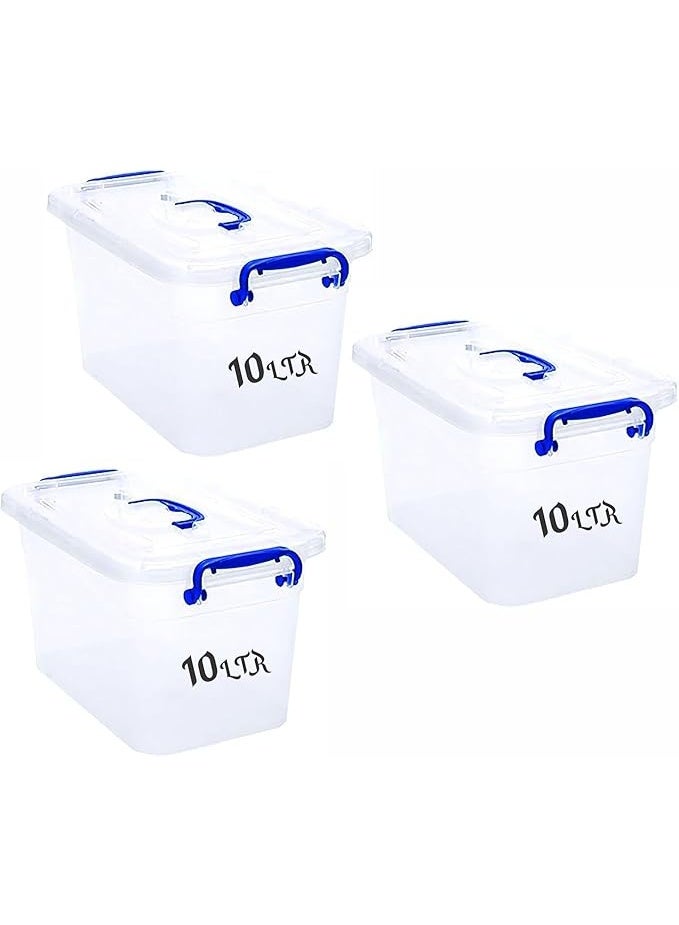 هيواري مجموعة صناديق تخزين بلاستيكية شفافة من HIWARE سعة 10 لتر، 3 قطع، بأغطية قابلة للقفل | حاويات تنظيم شفافة للملابس والألعاب والأدوات والفنون والحرف اليدوية | حل تخزين قابل للتكديس بمقابض (3 × 10 لتر) - Image 1