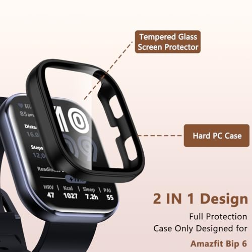 EWUONU 2 Pack Compatible with Amazfit Bip 6 Case, Tempered Glass Screen Protector with Hard PC Bumper Cover Shockproof Anti-Scratch Full Protective Cover for Men Women Watch Accessories, Black - Image 2