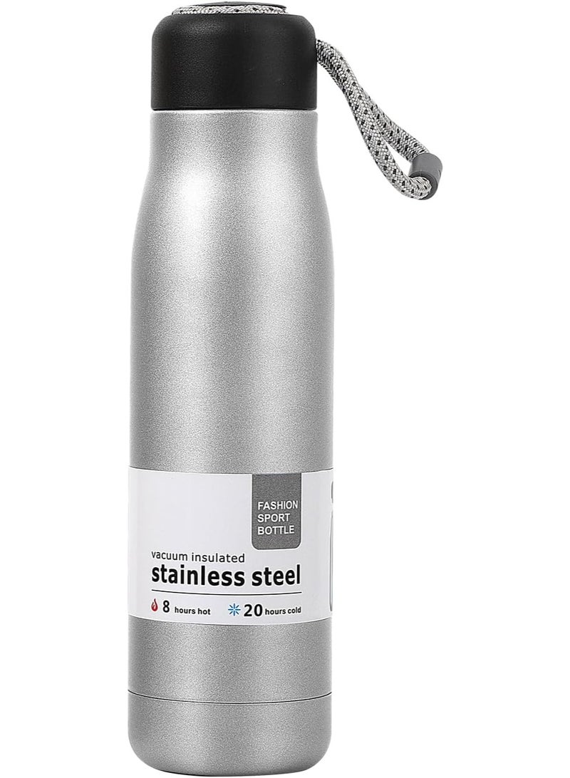 زجاجة مياه فولاذية سعة 550 مل، مزودة بطبقة مزدوجة محكمة الغلق، خالية من مادة BPA، صديقة للبيئة، معزولة، تحافظ على الماء ساخنًا أو باردًا (فضي) - Image 1