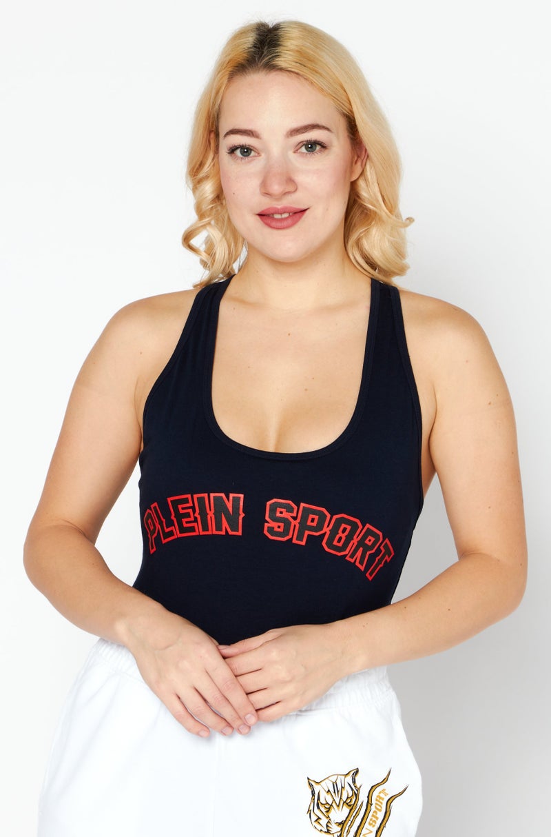 Plein Sport Women Sportswear Fit Long Sleeve Training Bodysuit, Navy Blue - Image 1