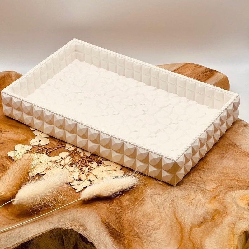 Kitty Cat® Handmade Concrete Trinket Tray | Off-White Jewelry & Makeup Organizer | Elegant Home Decor & Candle Holder | Multifunctional Storage Tray for Desk & Bedroom (Rectangle) - Image 1