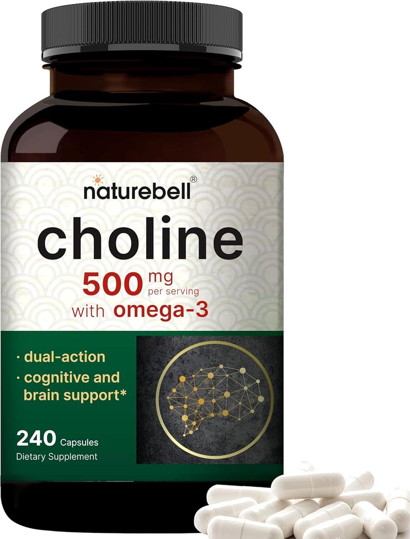 NatureBell مكملات الكولين 500 ملغ مع أحماض أوميغا 3 الدهنية 240 كبسولة قوة عالية من كولين بيتارتريت دعم قبل الولادة أثناء الحمل يعزز الطاقة والكبد والدماغ وصحة الإدراك - Image 1