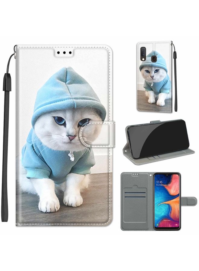 Case Cover For Samsung Galaxy A20e Voltage Colored Drawing Magnetic Clasp Horizontal Flip PU Leather Case with Holder & Card Slots C15 Blue Sweater White Cat
