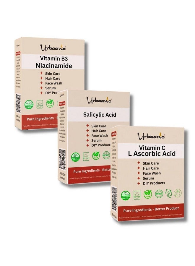 Urbaano Herbal® Vitamin C (Ascorbic Acid), Niacinamide (Vitamin B3) & Salicylic Acid Powder For Making DIY Skin Care Serum, Cream, Lotion & Facewash, Anti Ageing & Youthful Glow (Multi-Combo) - Image 1
