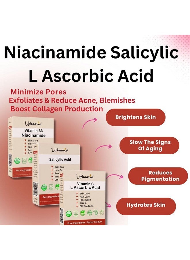 Urbaano Herbal® Vitamin C (Ascorbic Acid), Niacinamide (Vitamin B3) & Salicylic Acid Powder For Making DIY Skin Care Serum, Cream, Lotion & Facewash, Anti Ageing & Youthful Glow (Multi-Combo) - Image 4