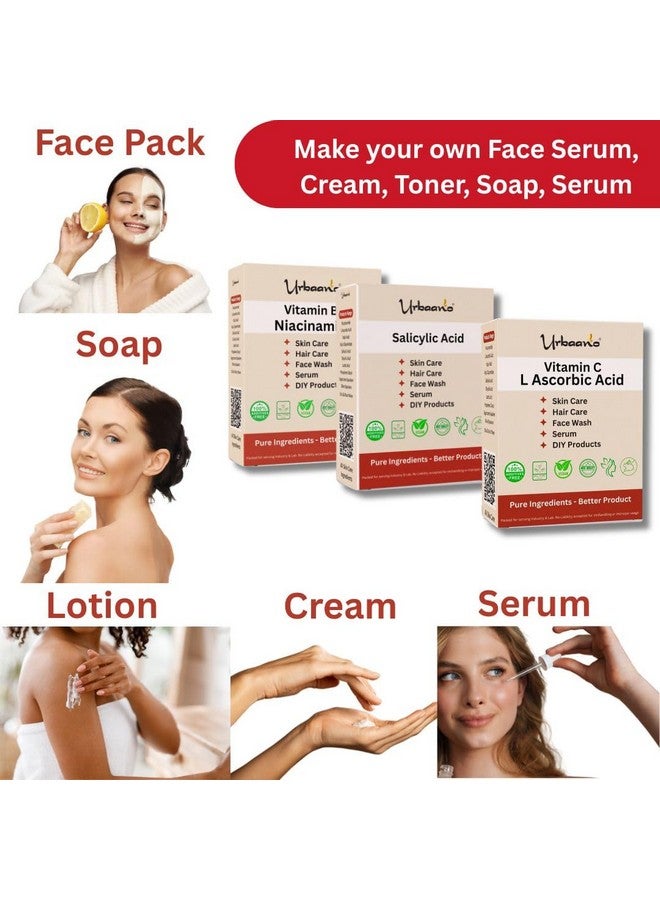 Urbaano Herbal® Vitamin C (Ascorbic Acid), Niacinamide (Vitamin B3) & Salicylic Acid Powder For Making DIY Skin Care Serum, Cream, Lotion & Facewash, Anti Ageing & Youthful Glow (Multi-Combo) - Image 3