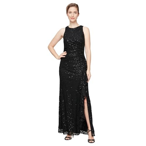 Alex Evenings Women's Long Sleeveless Mother of The Bride Dress w/Cascade Ruffle & Front Slit, (Petite and Regular Sizes), Black Lace, 12 - Image 4