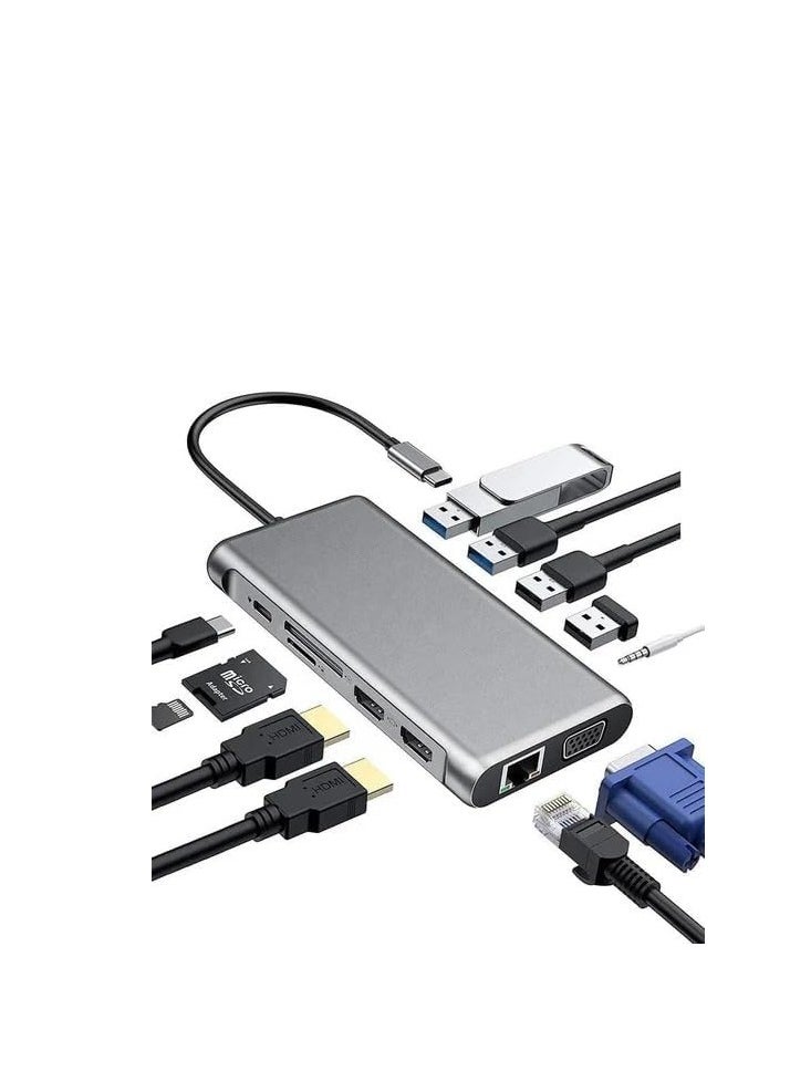 ماركة غير محددة محطة إرساء متعددة الوظائف من النوع C 12 في 1 إلى USB 3.0/3 منافذ + 2 منفذ HDMI + VGA + Gigabit Lan + TF/SD + منفذ USB C + طاقة PD  - Image 1