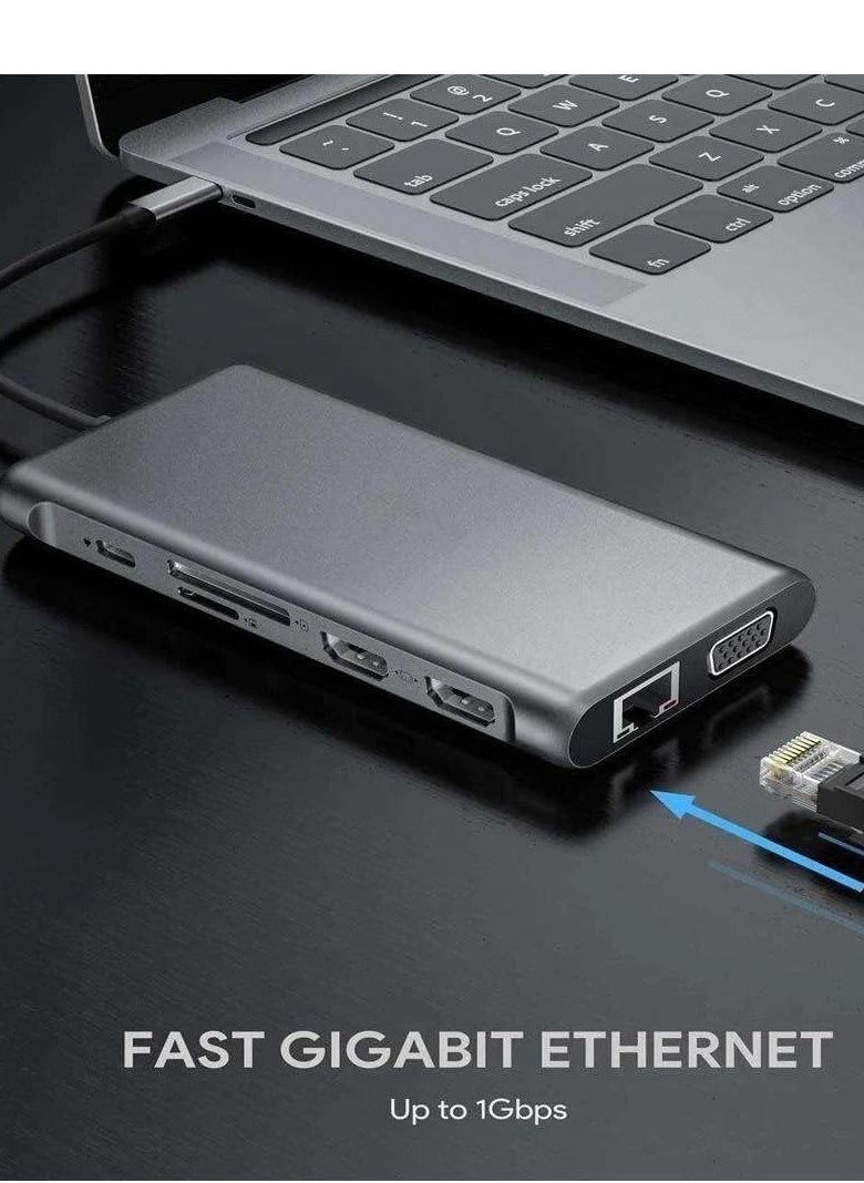 ماركة غير محددة محطة إرساء متعددة الوظائف من النوع C 12 في 1 إلى USB 3.0/3 منافذ + 2 منفذ HDMI + VGA + Gigabit Lan + TF/SD + منفذ USB C + طاقة PD  - Image 2