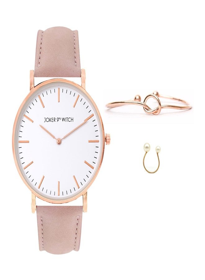 Joker & Witch Leather Women Poppie Field Love Triangle Analogue Watch, White Dial, Pink Band - Image 1