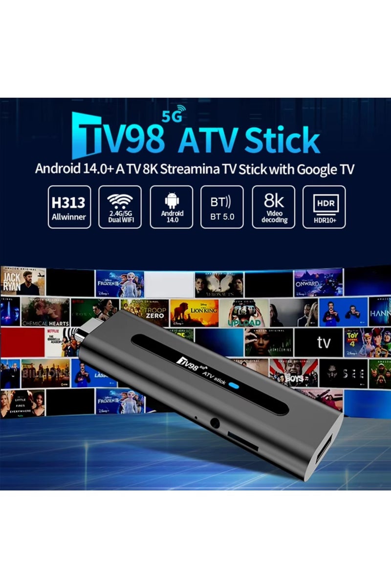 TV98 ATV Stick Mini TV Stick, Android 14 H618 Quad Core Cortex A53, Support 8K HDR10+ Video, Dual 2.4G/5G WiFi6 BT5.0, Voice Remote Streaming Media Player Smart TV Box（2+16GB） - Image 2
