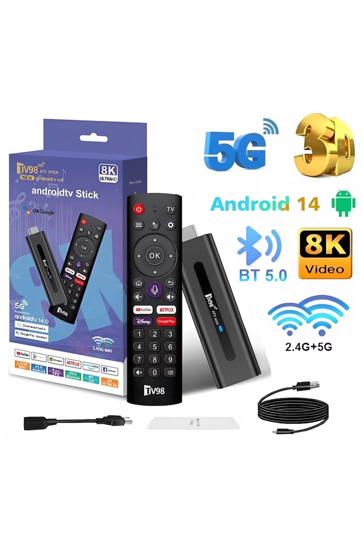 TV98 ATV Stick Mini TV Stick, Android 14 H618 Quad Core Cortex A53, Support 8K HDR10+ Video, Dual 2.4G/5G WiFi6 BT5.0, Voice Remote Streaming Media Player Smart TV Box（2+16GB） - Image 1