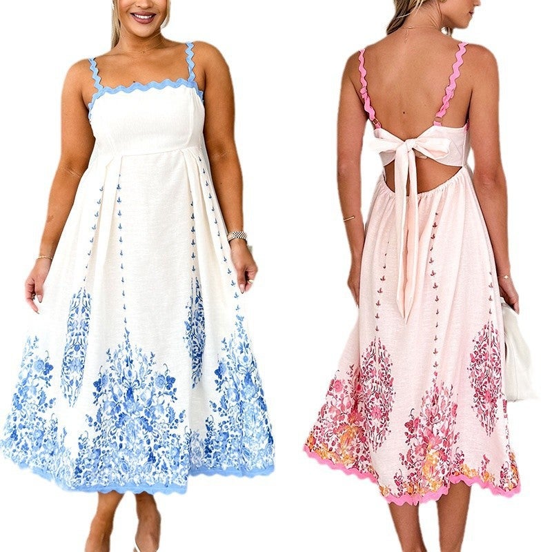 2025 Women'S Summer Fashion Printed Wave Skirt Sleeveless Backless Lace Strap Dress Women - Image 2