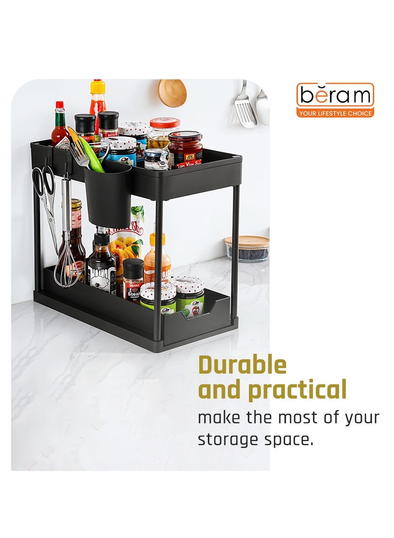 Beram Under Sink Organizer 2-Tier Sliding Cabinet Shelf Rack with Pull Out Drawer Hooks Double Layer Bathroom Kitchen Bedroom Countertop Storage Rack Space Saving Organizer Black - Image 4
