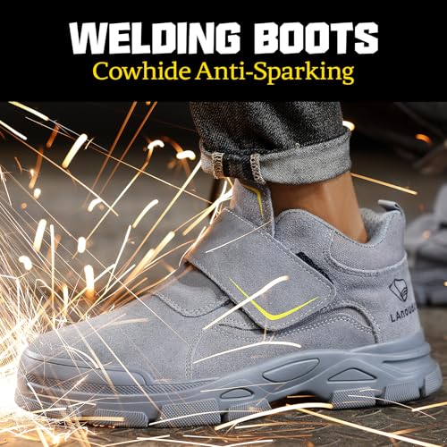 GLANOUDUN Steel Toe Boots for Men Grey Steel Toe Shoes Slip On Welding Work Boots Lightweight Construction Shoes Comfortable Safety Boot Welder Working Boot - Image 3