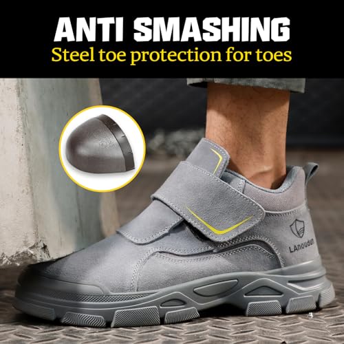 GLANOUDUN Steel Toe Boots for Men Grey Steel Toe Shoes Slip On Welding Work Boots Lightweight Construction Shoes Comfortable Safety Boot Welder Working Boot - Image 4