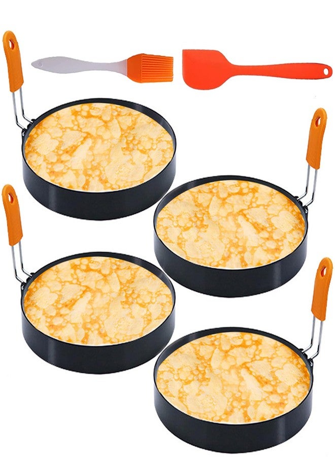 WOWITIS 4 Packs 6 Inch Pancake Ring for Griddle, 6"Omelette Ring for Griddle, Non-stick Stainless Steel Pancake Egg Ring Omelet Mold Pancake Mold Cake Mold Crumpet Circle Silicone Handle Spatula & Oil Brush - Image 1