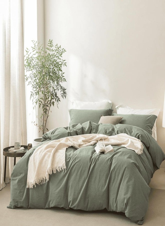 BDEAR Linen Feel Heathered Green Duvet Cover Full Size 90'' L x 80'' W, 100% Washed Cotton Duver Cover with Zipper Closure Plus 2 Pillowcases, Oeko TEX Standard Certificated - Image 1