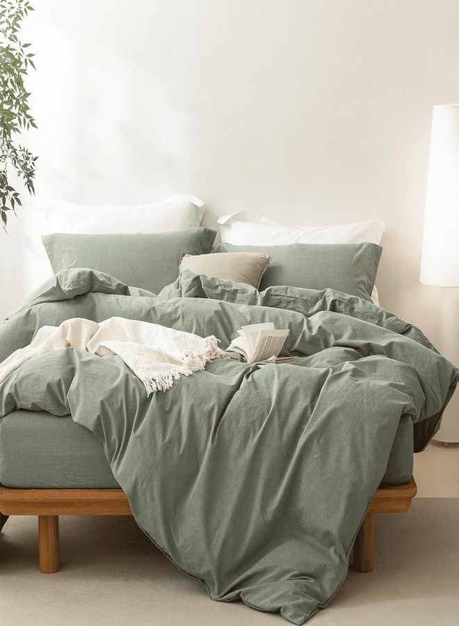 BDEAR Linen Feel Heathered Green Duvet Cover Full Size 90'' L x 80'' W, 100% Washed Cotton Duver Cover with Zipper Closure Plus 2 Pillowcases, Oeko TEX Standard Certificated - Image 4